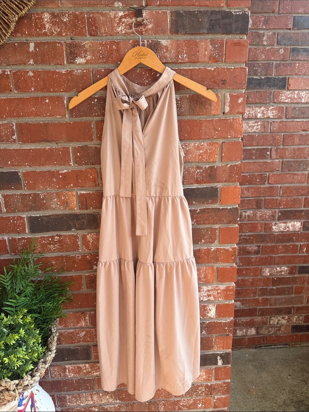 Sleeveless Tiered High-Neck Dress in Blush/Tan - Picture 3 of 5